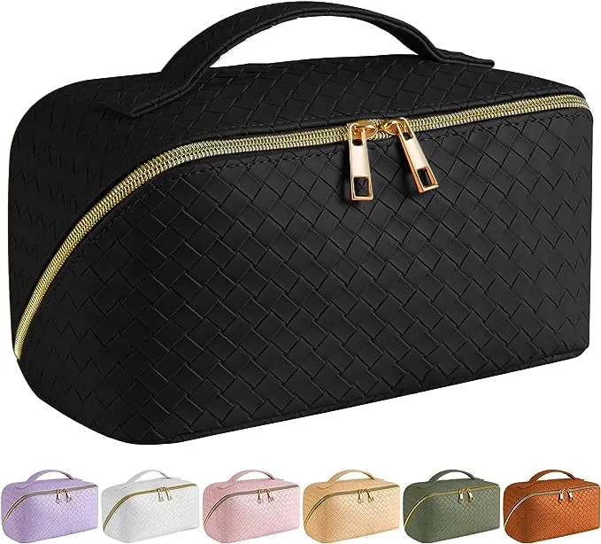 SFXULIX Large Capacity Travel Cosmetic Bag - Makeup Bag, PU Leather Waterproof Cosmetic Bag, Women Portable Travel Makeup Bag With Handle and Divider Flat Lay Makeup Organizer Bag (Black)