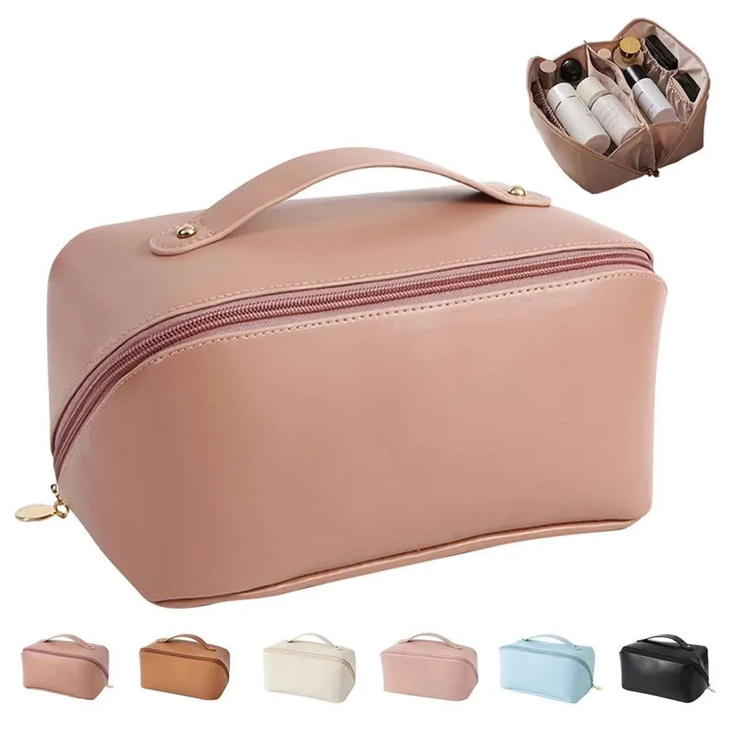 MINGRI Large Capacity Travel Cosmetic Bag for Women,Makeup Bag Travelling PU Leather Cosmetic Bag Waterproof,Multifunctional Storage Travel Toiletry