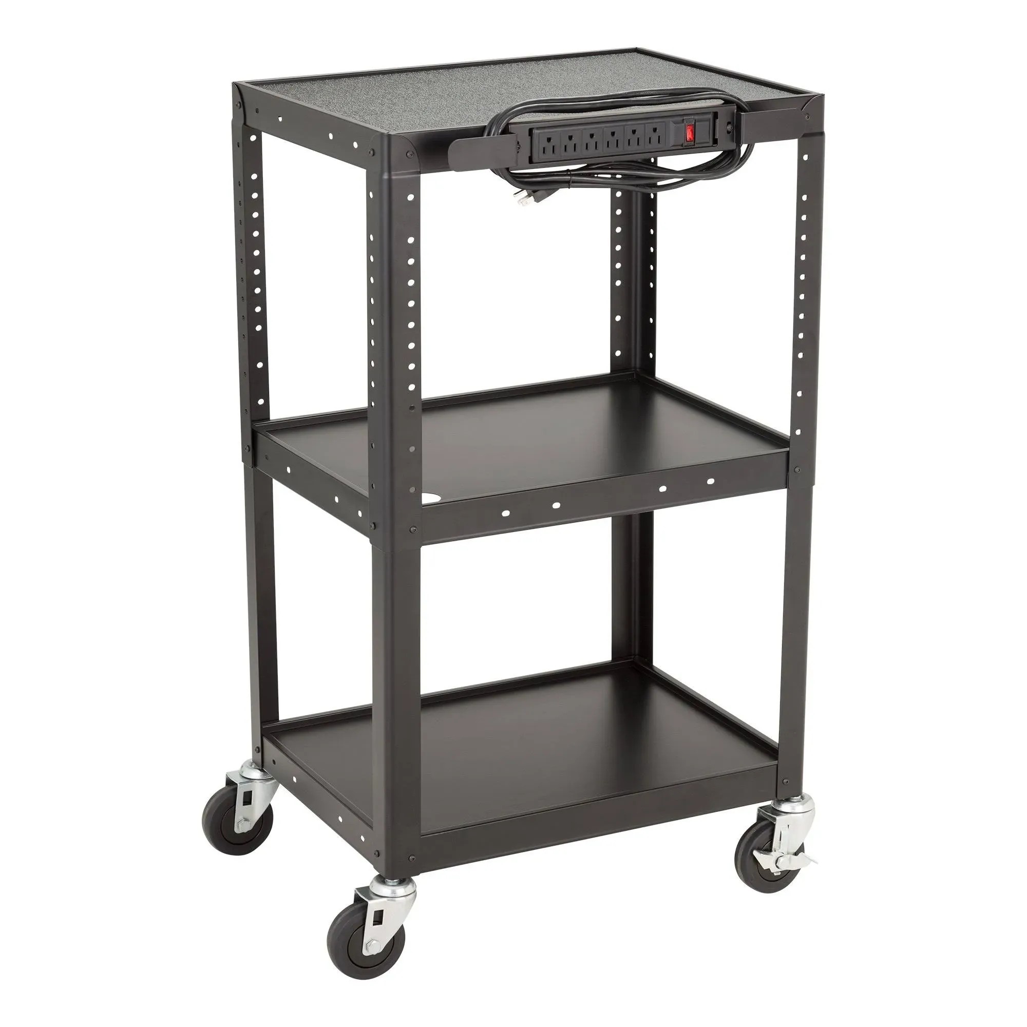 Norwood Commercial Furniture Adjustable Height Metal AV Cart with Electric Power Cord, Black