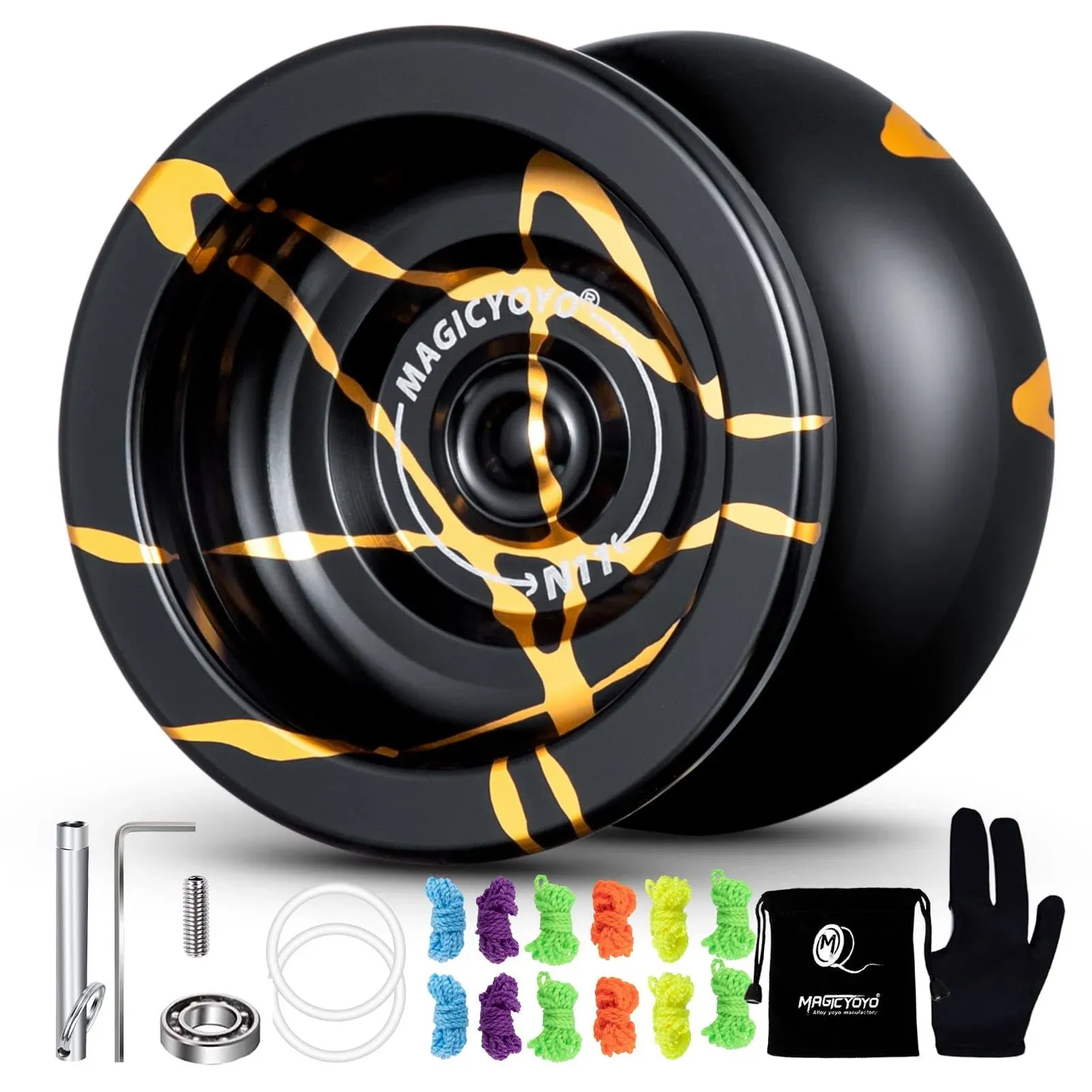 MAGICYOYO N11 Alloy Aluminum Professional Yoyo Unresponsive Yoyo Ball (Black with Golden) with Bag, Glove and 5 Strings