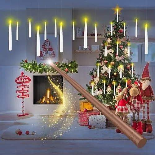 18 Pcs Floating Candles with Wand, Halloween Decorations Magic Hanging Candles, Battery Operated Window Candles with Wand Remote, Flameless Flickering Warm Light LED Candles for Home Christmas Decor