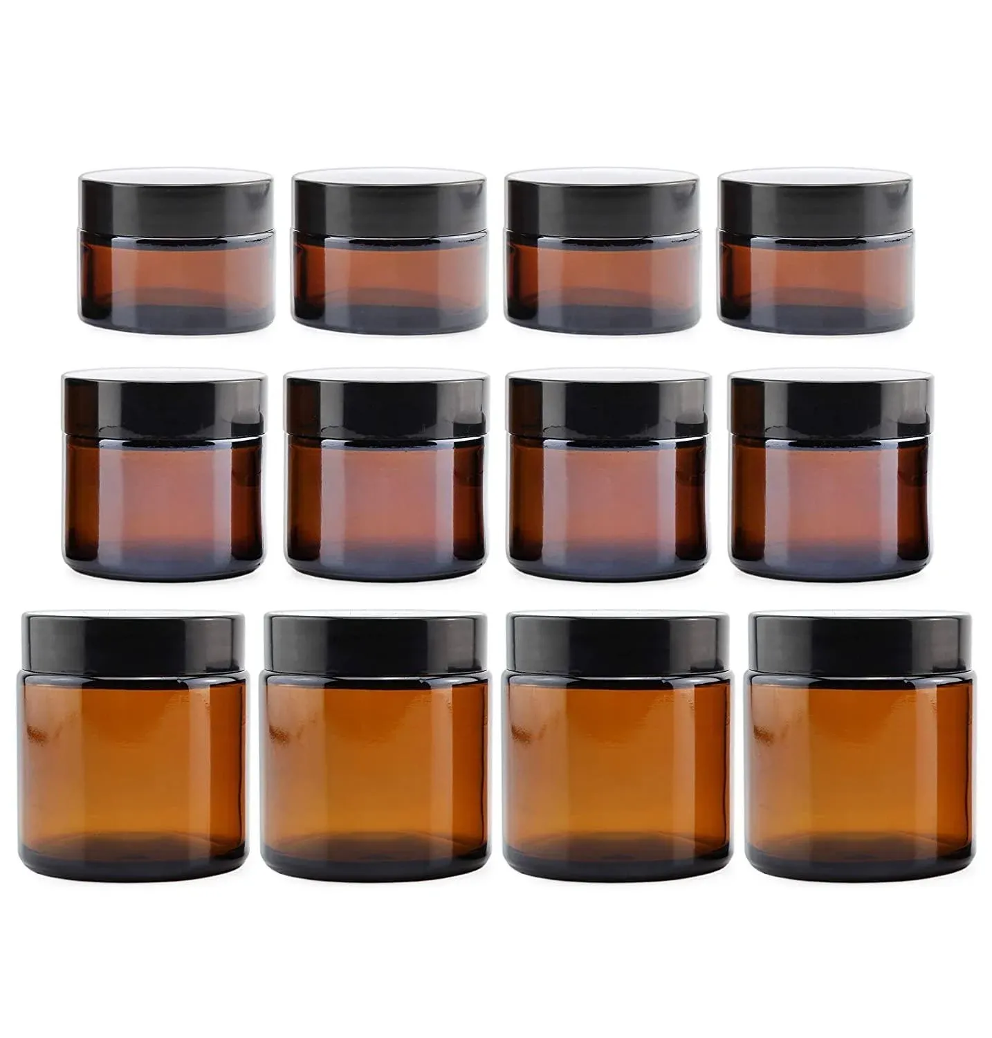 Cornucopia 1, 2 & 4-Ounce Amber Glass Straight Sided Jars (Combo Pack, 4 Each / 12 Total); Great Containers for Cosmetics, Lotions, Body Scrubs & Balms