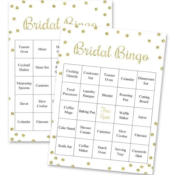 InvitationHouse Gold Confetti Bridal Bingo Game - Bridal Shower Prefilled Bingo ...