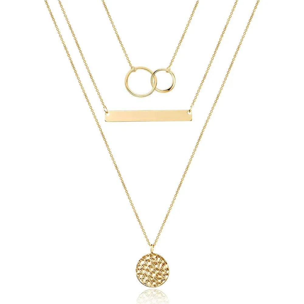 Turandoss Dainty Interlocking Circles Necklace Bar Hammered Disc 14K Gold Simple Necklace Women Jewelry Layered, Gold Choker Necklaces for Women