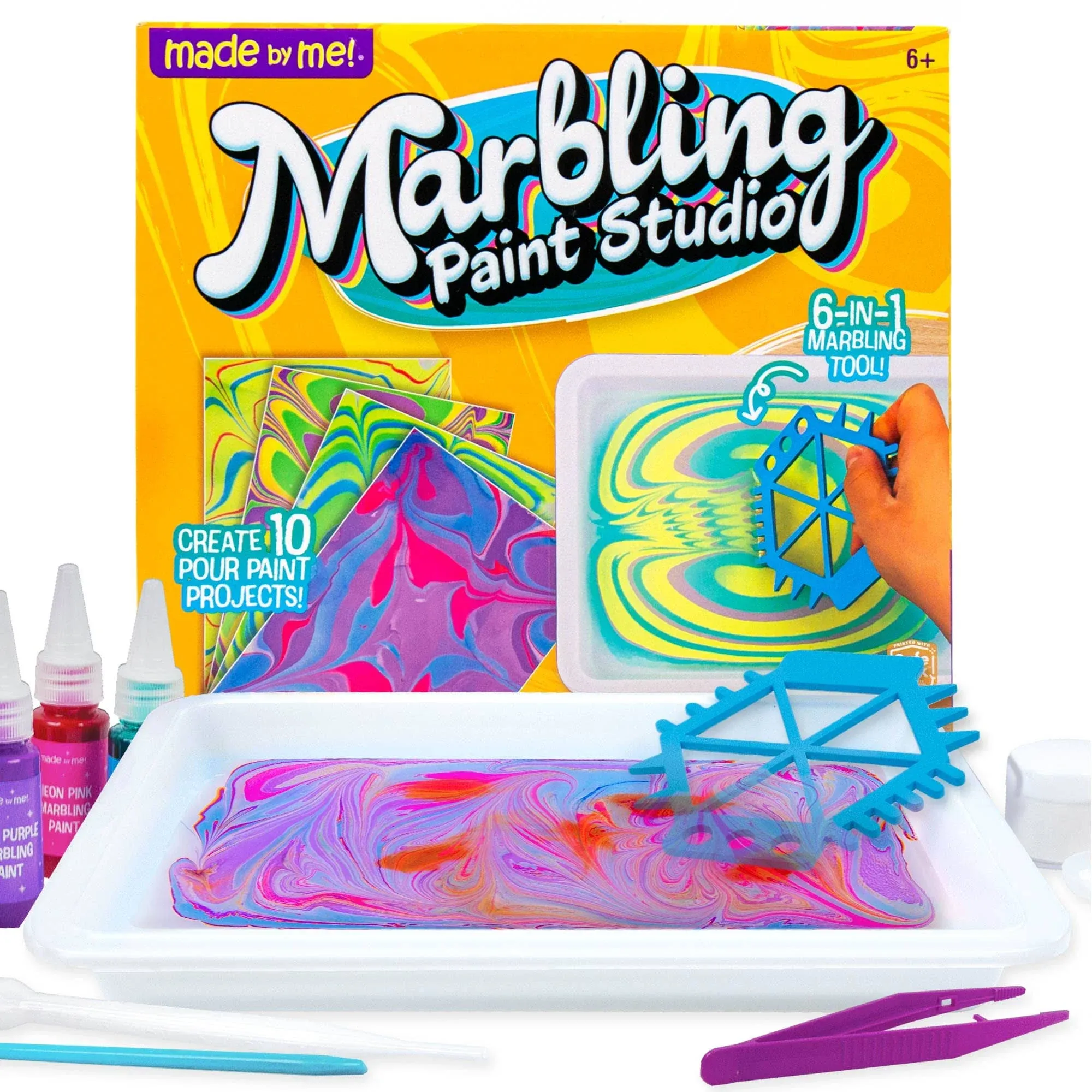 Made By Me Marbling Paint Studio, 25-Piece Marbling Kit for Kids, Make 10 Pour Paint Art Projects, Dip &amp; Paint Marbling Arts &amp; Crafts Kits for Kids,