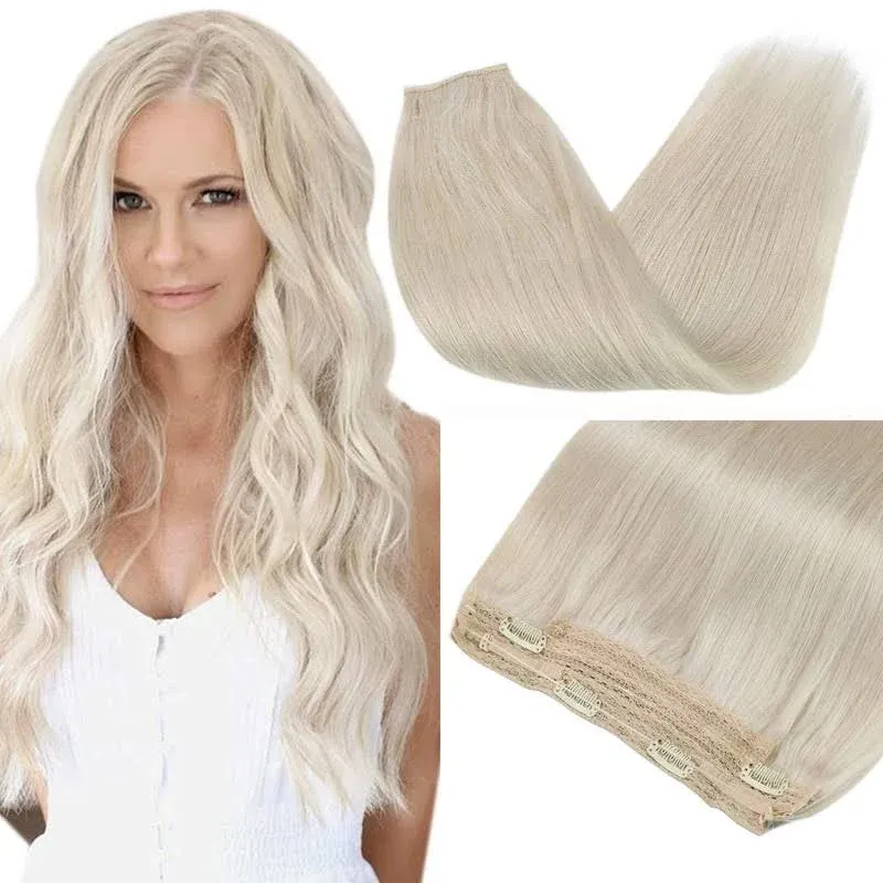 Sunny Blonde Fish Wire Hair Extensions Fishing Wire Hair Extensions #60 Platinum Blonde One Piece Human Hair Fish Line Extensions Headbands White Blonde Wire Hair Extensions 20inch 100g