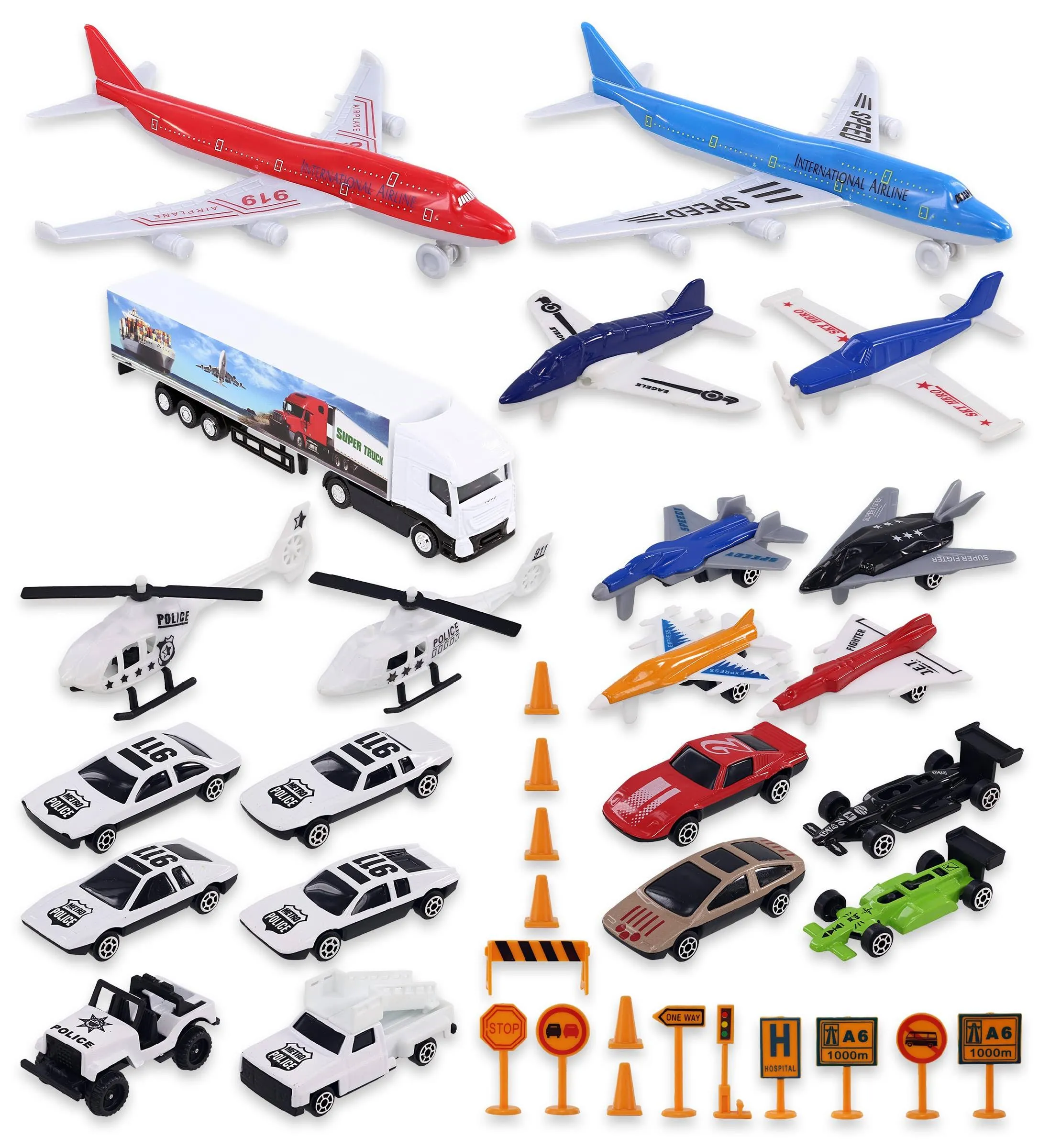 Mozlly Diecast Plane Set - Airport Playset Includes Airplanes, Jet Planes, Helicopters, Traffic Signs, Police Cars, Race Cars, and Street Cars - Airplane Terminal for Kids Pretend Play - 36 Pieces