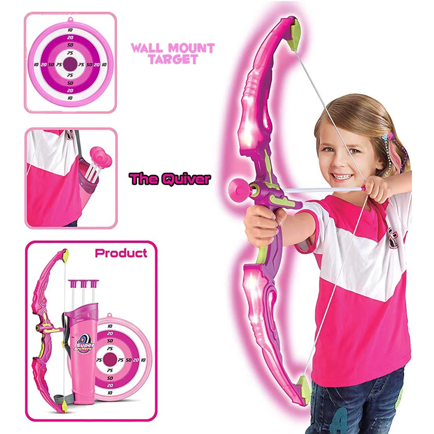 Liberty Imports Light Up Archery Bow and Arrow Toy Set for Girls with 6 Suction Cup Arrows, Target, and Quiver