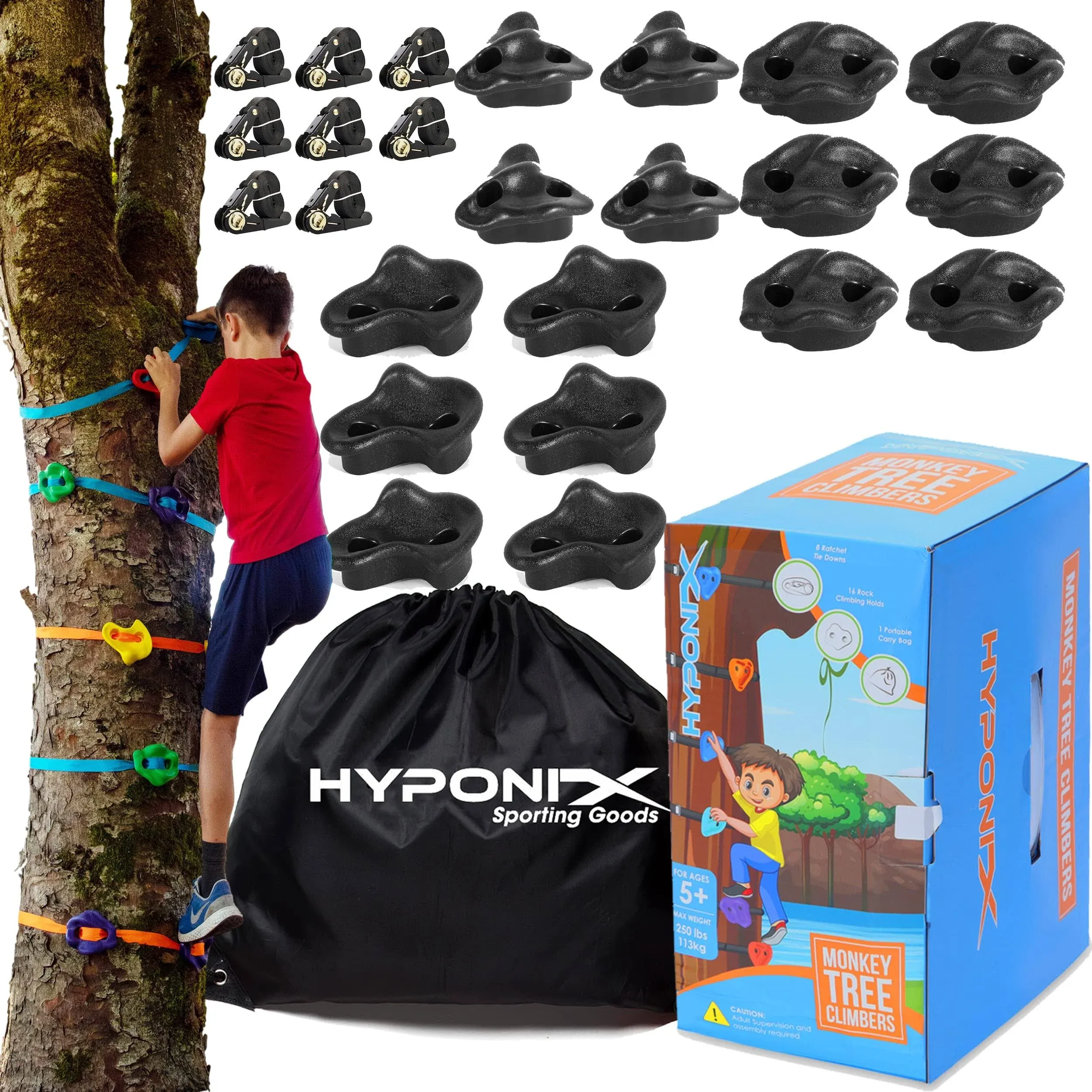 Hyponix Ninja Tree Climbing Kit – 16 Rock Climbing Holds &amp; 8 Ratchets &amp;#82