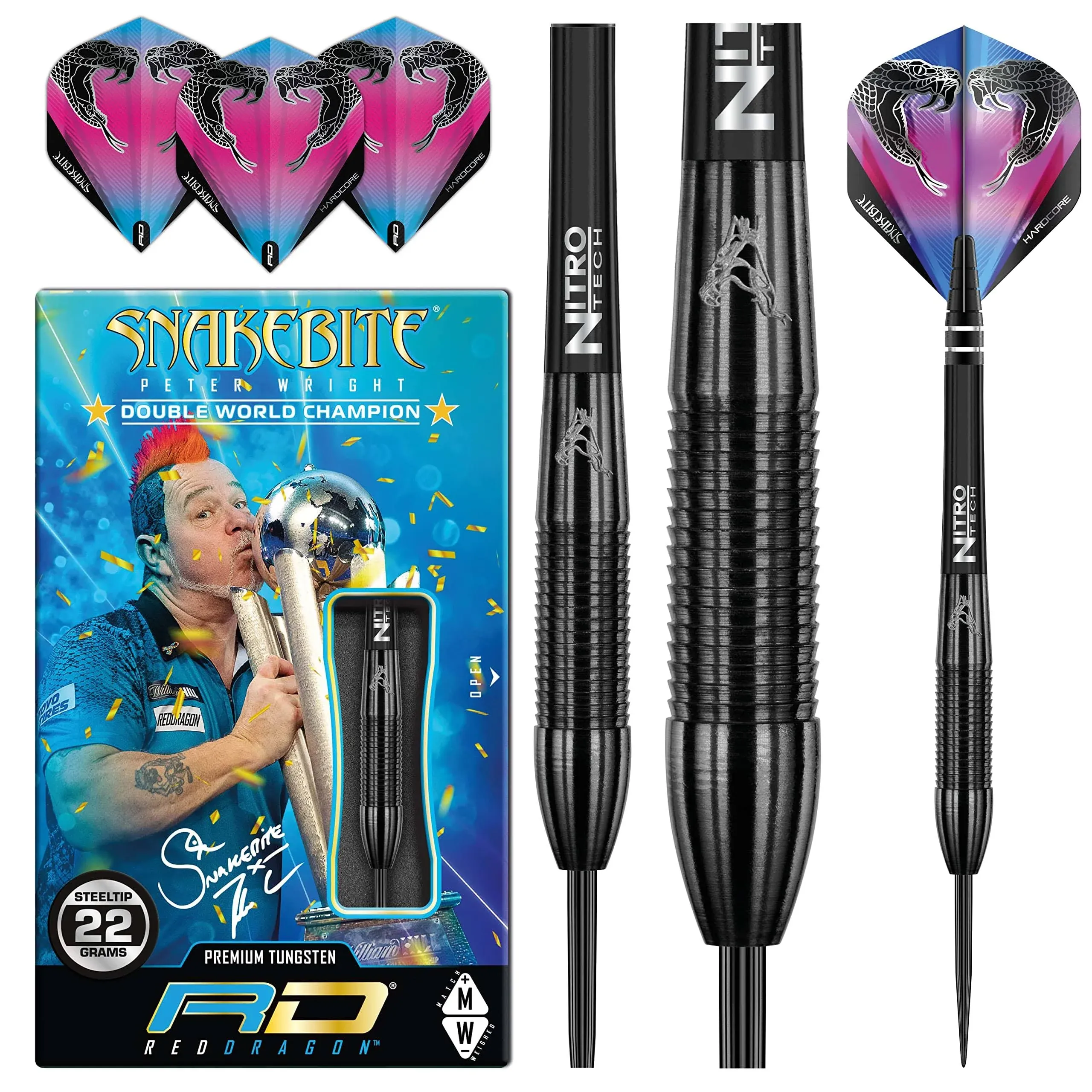 Red Dragon - Peter Wright Snakebite 3: 22g Tungsten Darts Set with Flights and Stems, Black