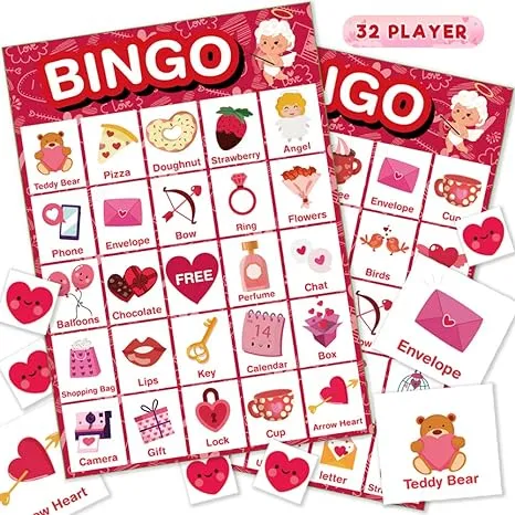 Valentines Day Bingo Game Cards 32 Players for Kids Party Card Games