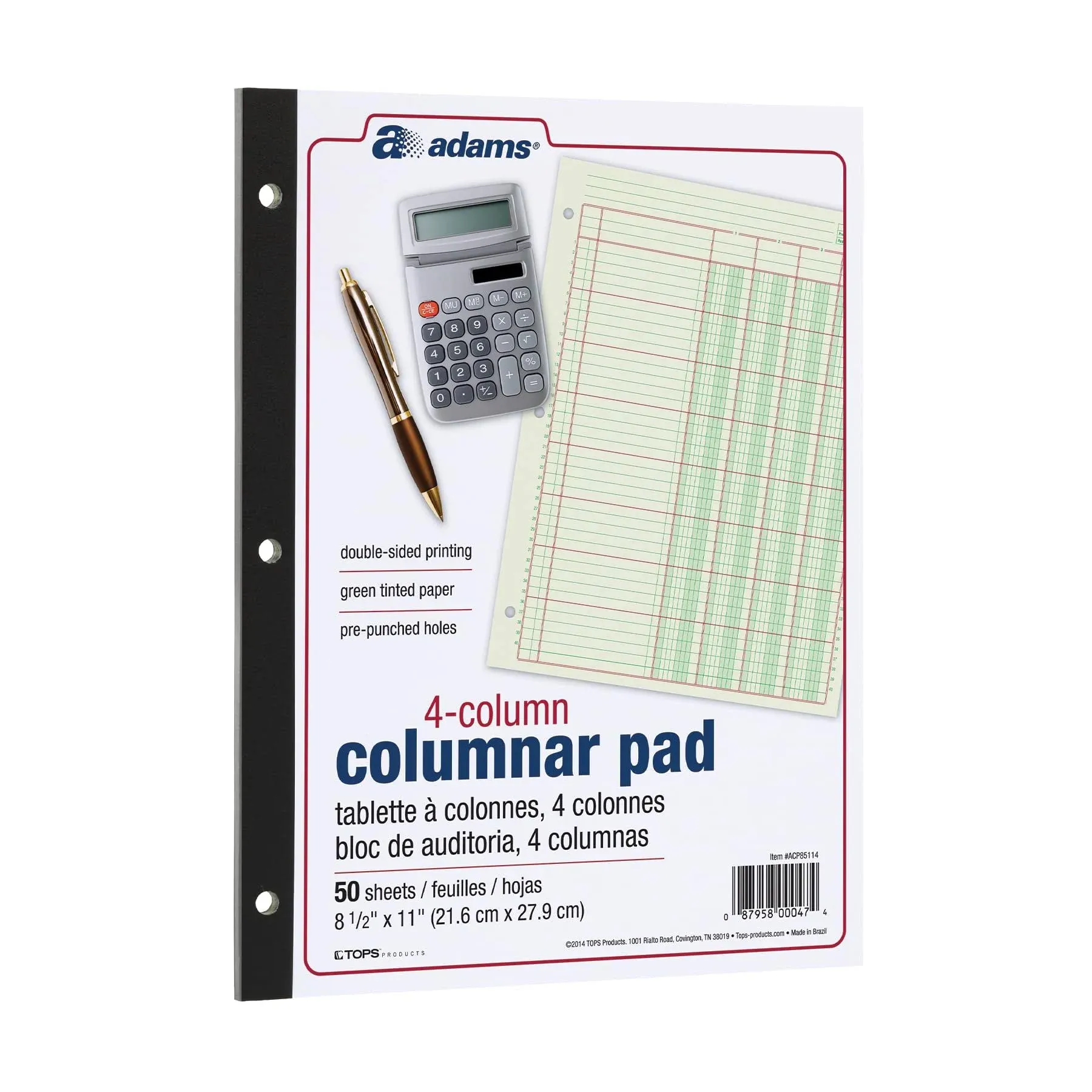 Adams Analysis Pad, 8 1/2in x 11in, 100 Pages (50 Sheets), 4 Columns, Green