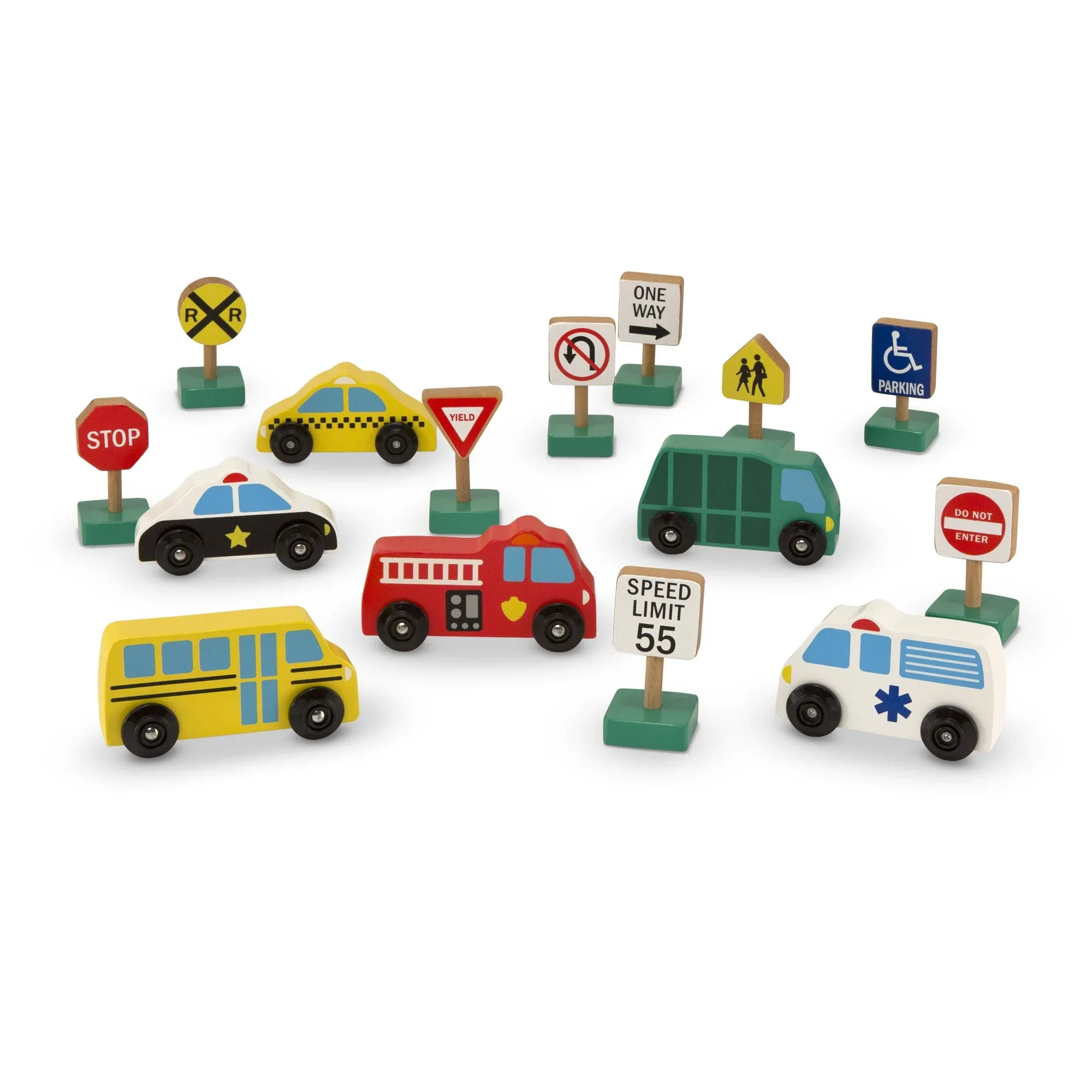 Melissa &amp; Doug Wooden Vehicles and Traffic Signs With 6 Cars and 9 Signs