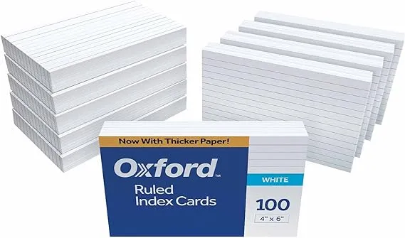 Oxford Ruled Index Cards, 4" x 6", White, 100 per Pack, 10 Packs