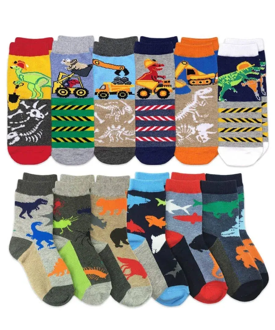 Jefferies Socks Boys Colorful Dinosaur Shark Construction Crew Socks 12 Pair Pack, Toddler Boy's, Size: Small