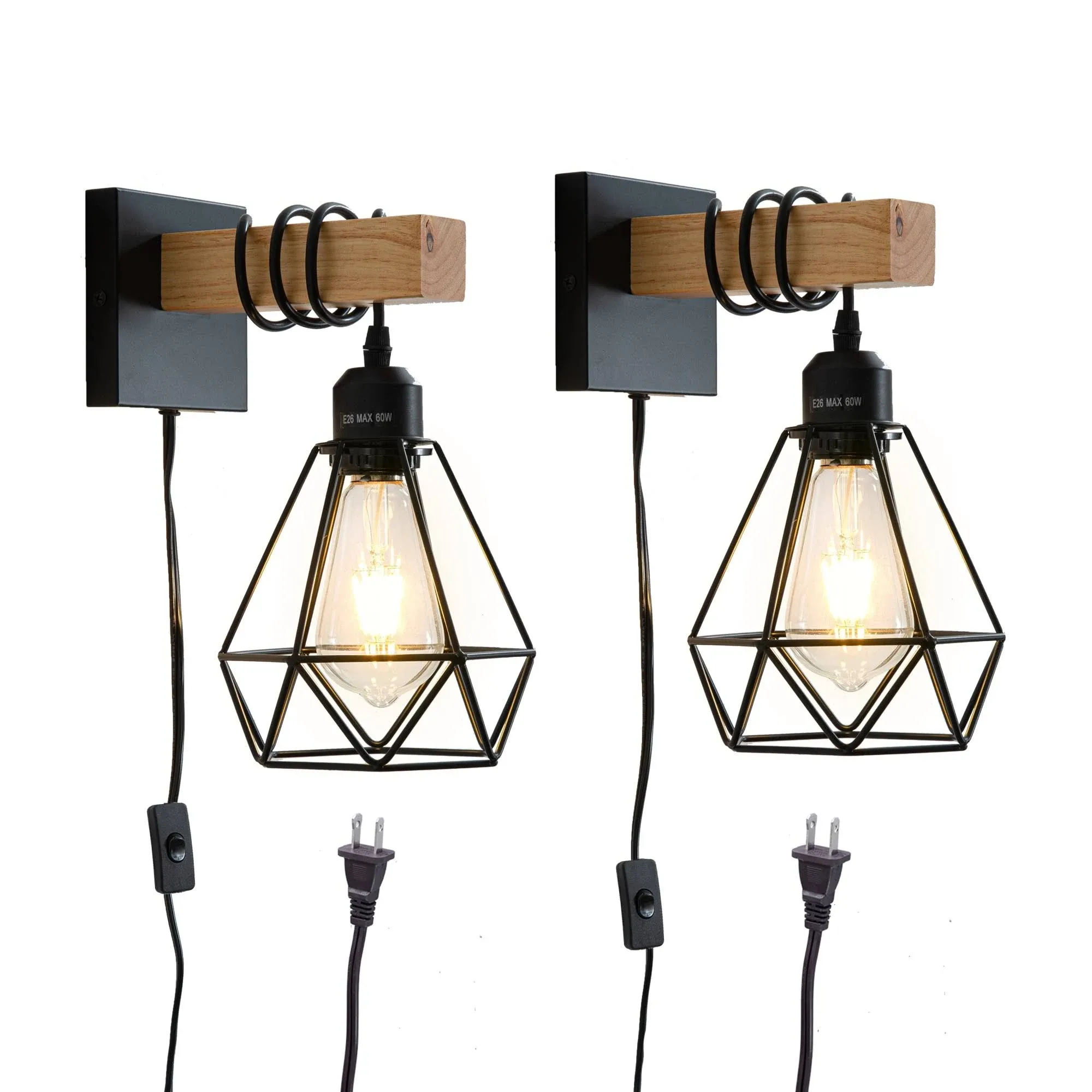 Cottage Life Plug-In Wall Sconces Industrial Wood and Metal Wall Lights 2 Pack ...