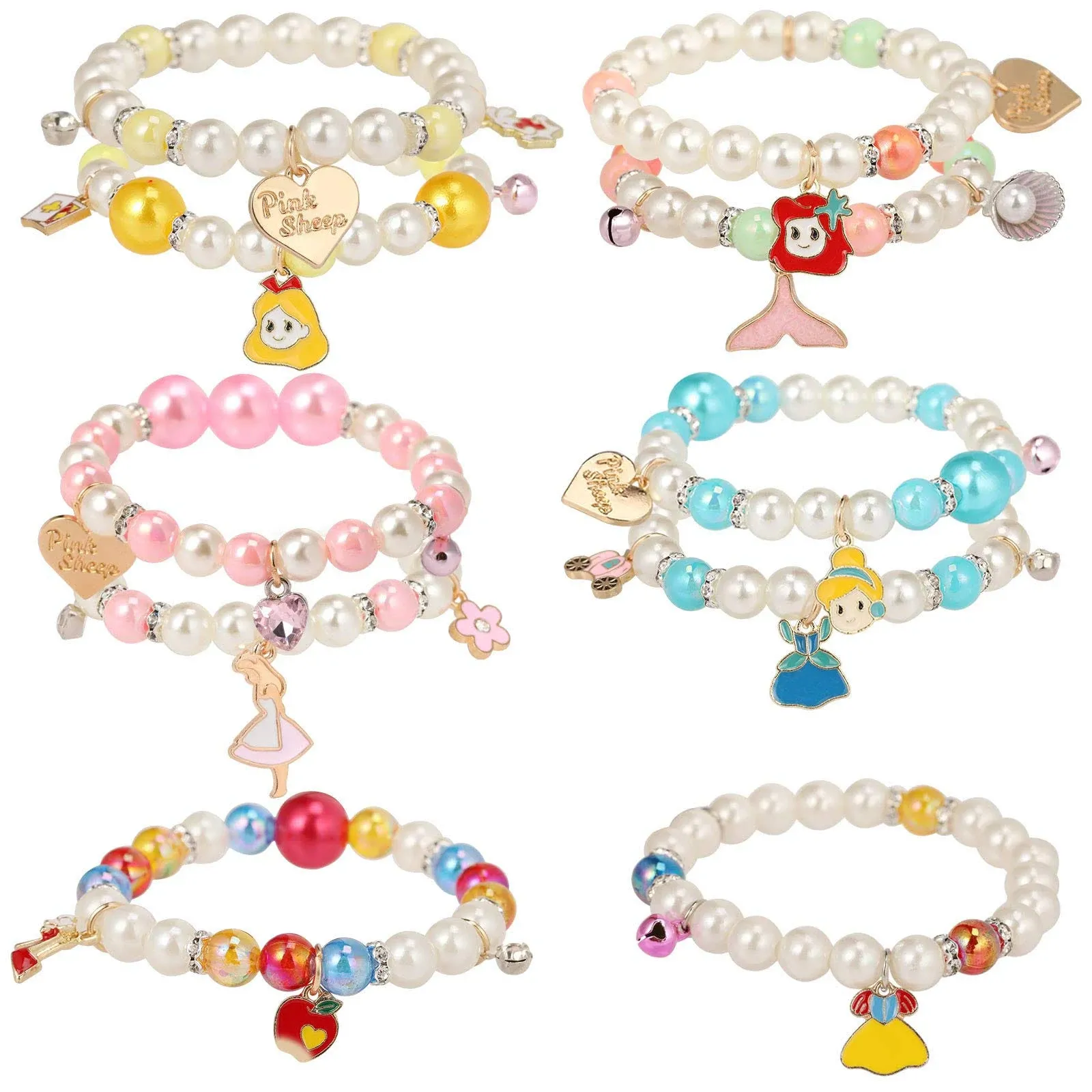 PinkSheep Princess Bracelets 10 PS for Kids Girls Pearl Bead Bracelets Teen Jewelry Set Party Favor Costume Princess Pretend Play