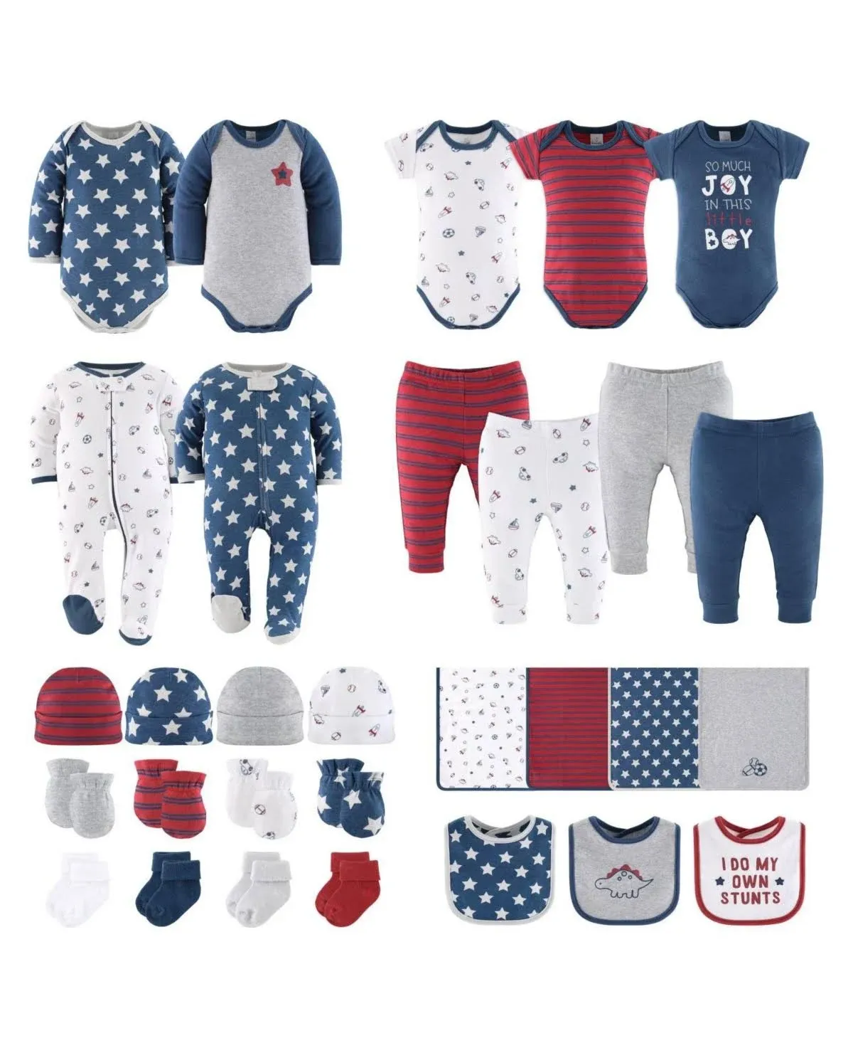 The Peanutshell Boy Stuff Newborn Layette Set for Baby Boys, 30-Pieces, Blue/Red, 0-3 Months