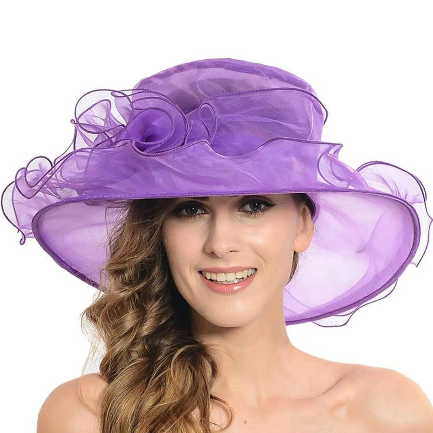 Women's Sheer Wide Brim Sun Party Church Wedding Floral Organza Hat(Purple)