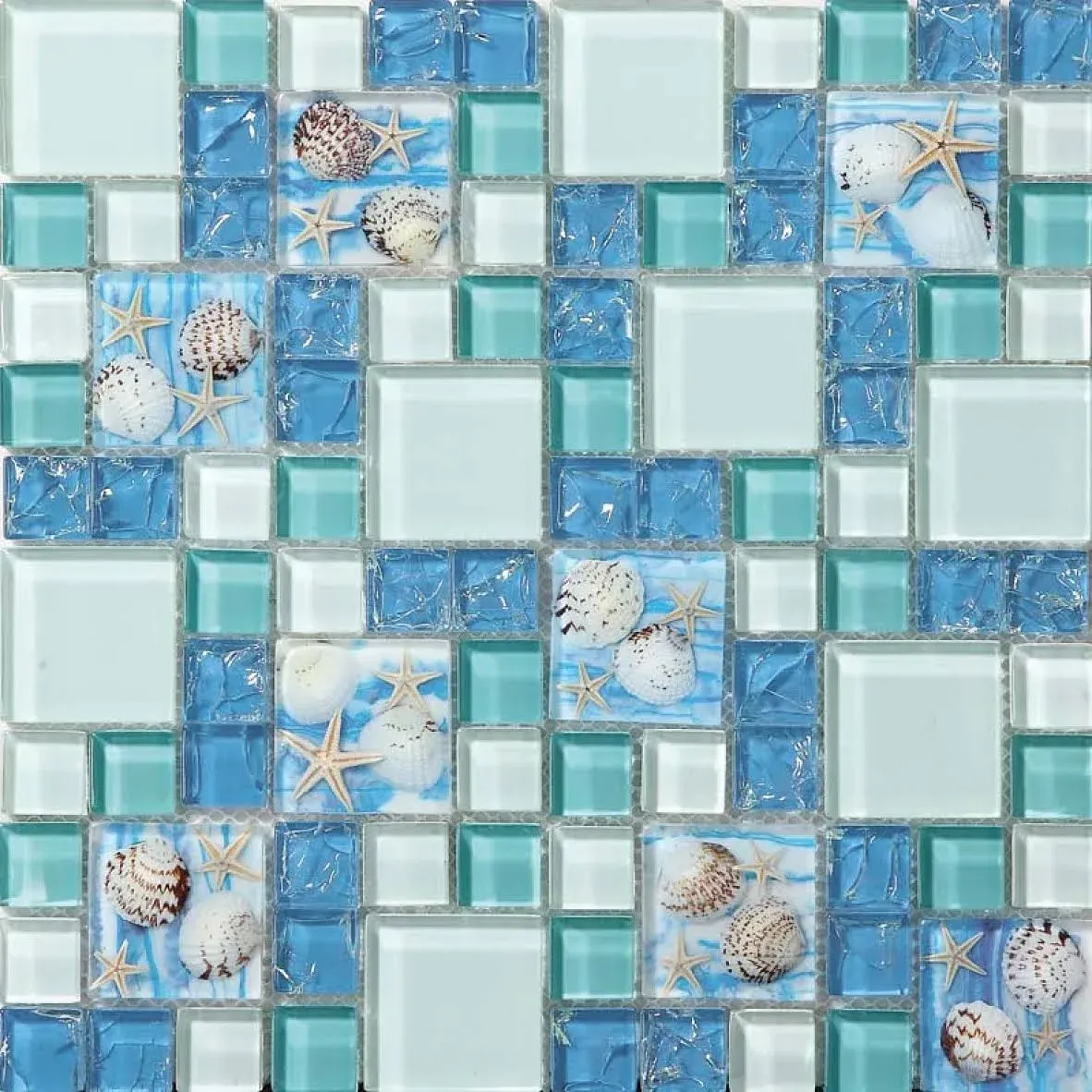 hominter 11-pcs Beach Style Glass Backsplash Tile Crackle Mixed Blue & White Mosaic GC370