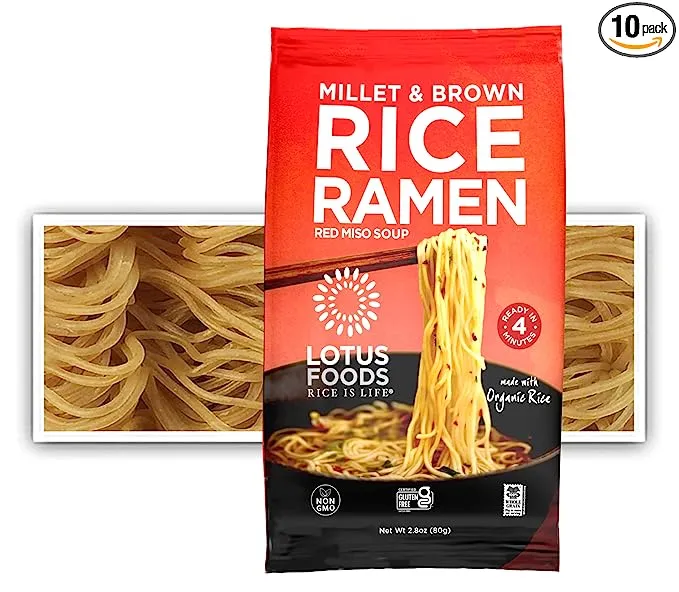 Lotus Foods Bulk Food Organic Millet & Brown Rice Ramen Noodles with Red Miso Soup, Gluten-Free Easy to Cook & Healthy Japanese Noodles with Instant Gourmet Broth, 2.8 Oz (Pack of 10)