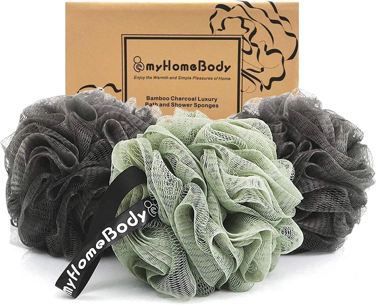 myHomeBody Large 70g Loofah Sponge, Bath Body Scrubber for Women, Men, Exfoliating Shower Pouf with Activated Charcoal - 2 Graphite Gray + 1 Sage Green, 3 Pack