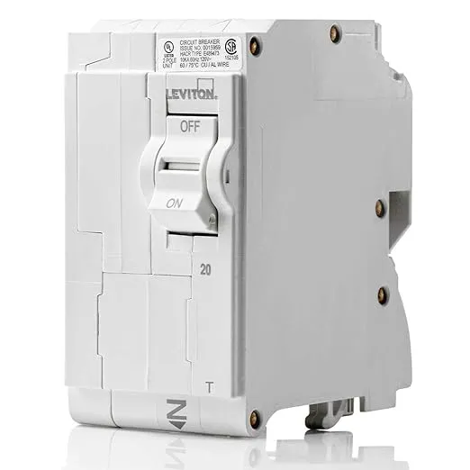 Leviton LB220-T 20A 2-Pole Plug-On Standard Branch Circuit Breaker, Thermal Magnetic, 120/240 VAC, White