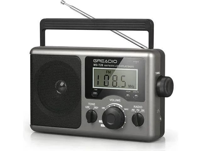 Greadio Portable Shortwave Radio with Best Reception,AM FM Transistor,LCD Display,Time Setting,Battery Operated by 4 D Cell Batteries or AC Power,Big Speaker,Earphone Jack for Gift,Elder,Home