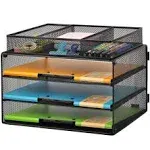 Paper Letter Tray Organizer, 3 Tier Mesh File Tray Desktop Paper Sorter with Drawer, Black