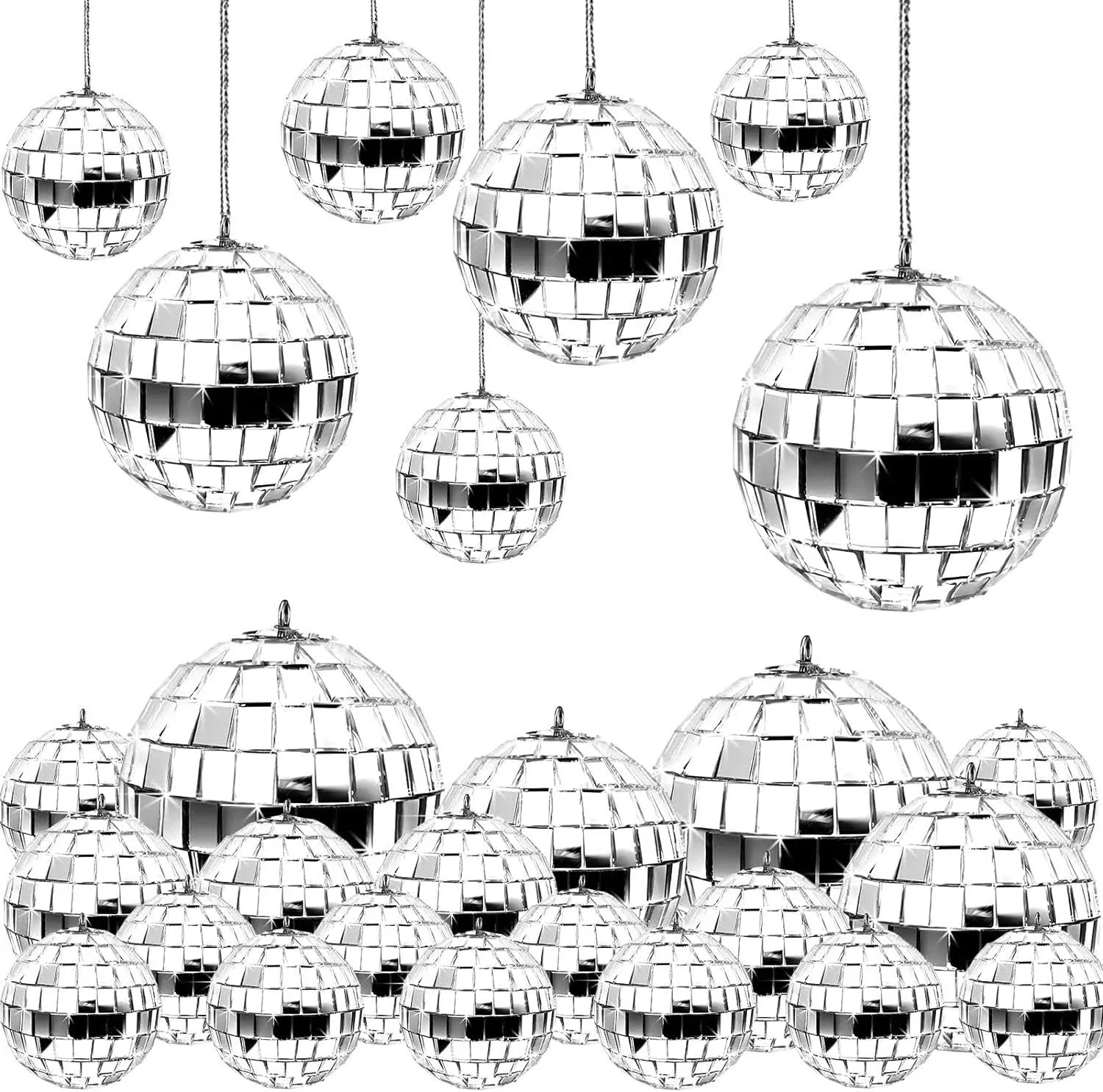 24 Pcs Mirror Disco Ball Hanging, Glass Disco Ball Decor, Silver Disco Party Decorations, Disco Ball Ornament for Holiday Party Decor with Rope (4 Inch, 3. 2 Inch, 2 Inch)