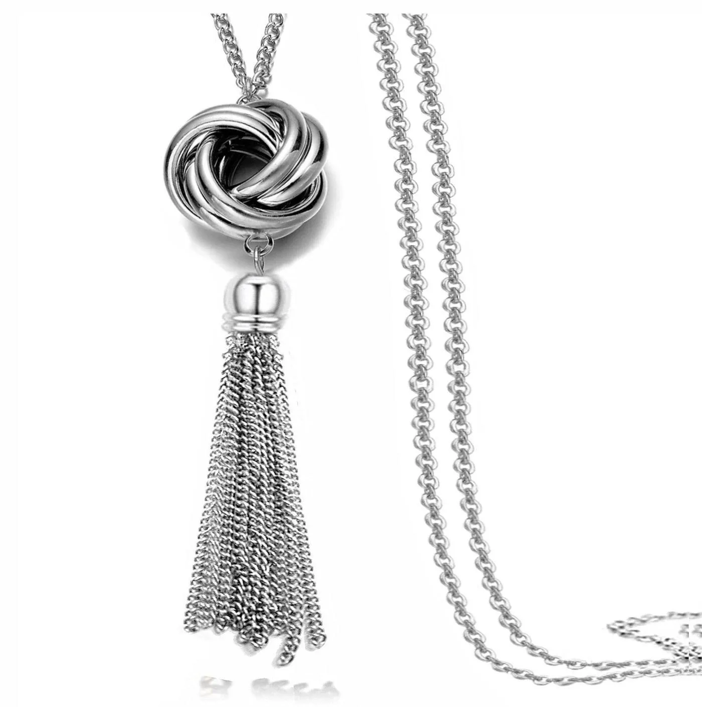 Long Tassel Necklace Silver Tone Lovely Knot Tassel Pendant Knot Snake Chain