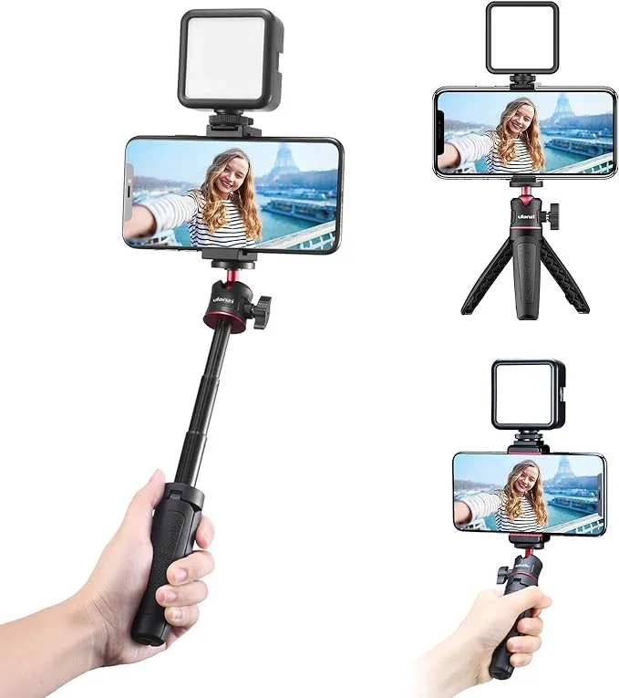 ULANZI Smartphone Vlogging Kit with Adjustable Handle Grip, Mini Tripod, Dimmable LED Light - YouTube, Tik Tok, Vlogging Equipment for iPhone/Android Smartphone Video Kit (ST-02S)