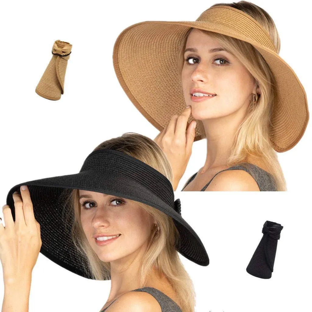 FENELY Women Sun Visors Foldable Straw Hats Summer Beach Packable Hat Floppy Wide Brim Cap Big Heads Sombrero (Black+Khaki)