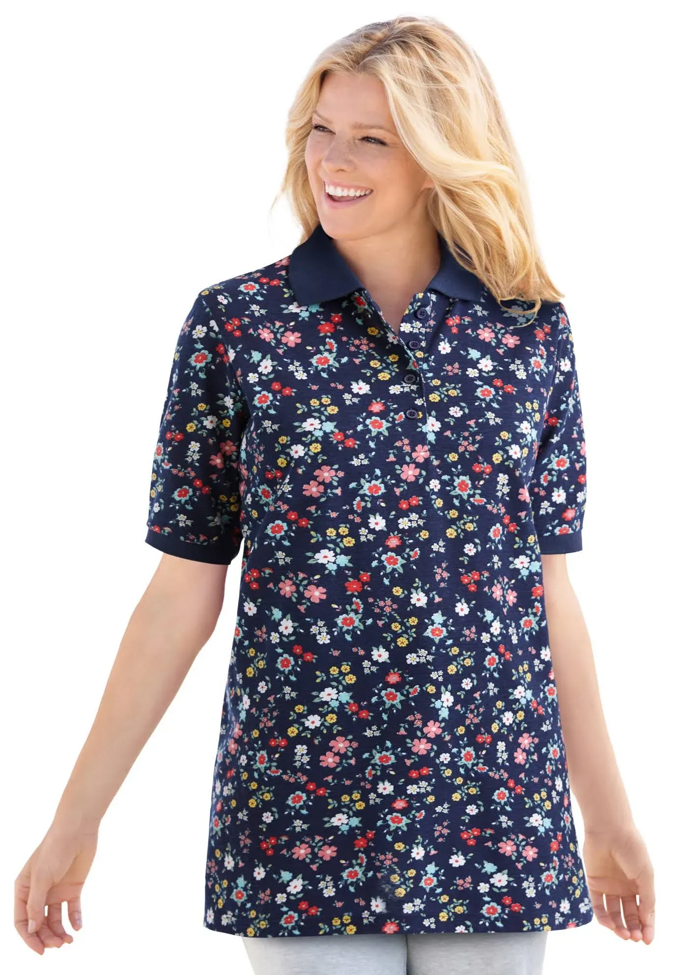 Plus Size Women's Elbow-Sleeve Polo Tunic by Woman Within in Navy Graphic Bloom ...