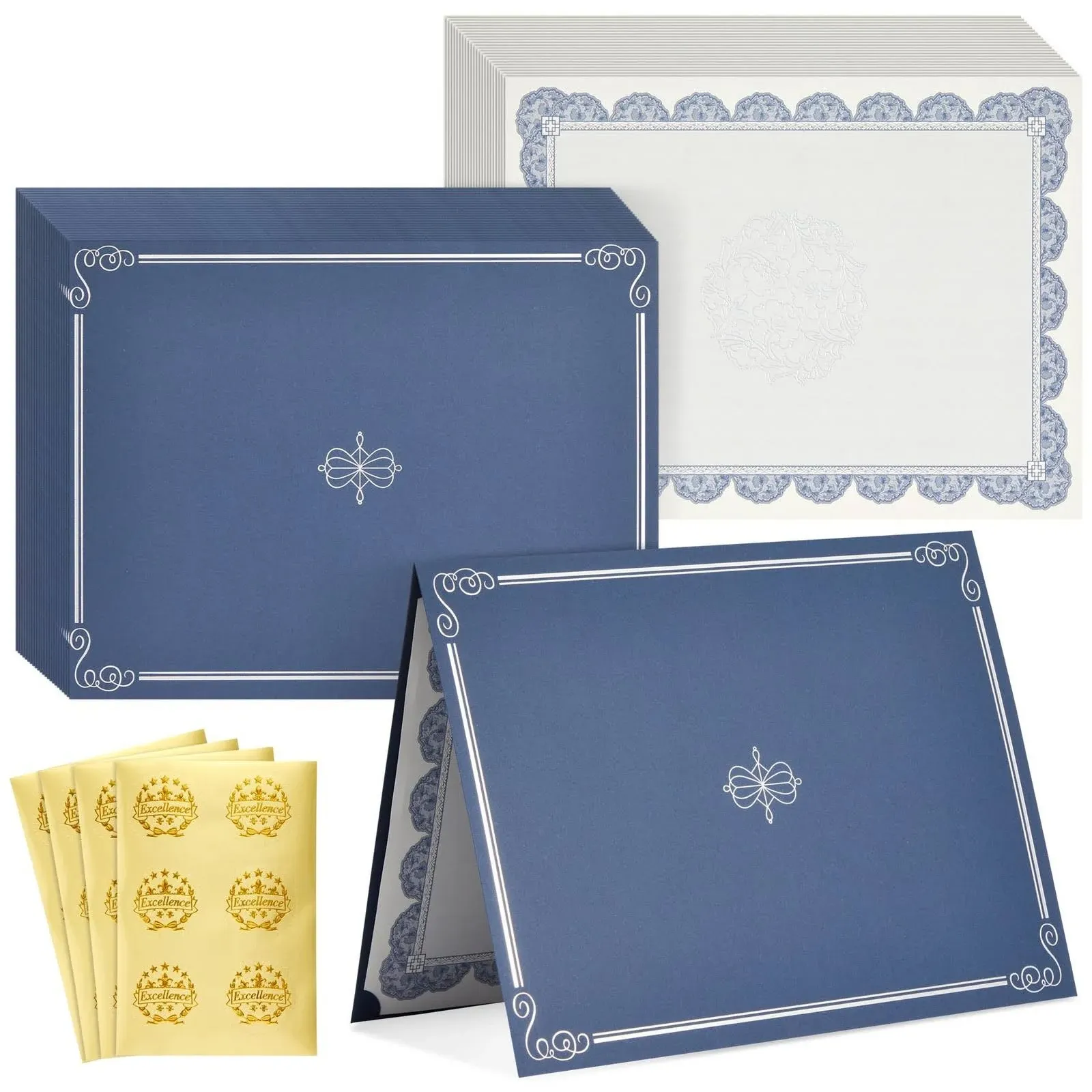 24-Pack Navy Blue Certificate Holders Kit, Includes Covers, Letter-Size Certificate Paper, and Gold Seals for Graduation, Student Awards, and Employee Recognition (72 Pcs Set)