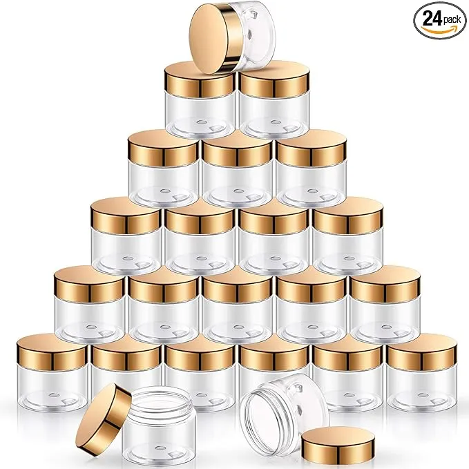 SATINIOR 24 Pieces Empty Clear Plastic Jars with Lids Round Storage Containers Wide-Mouth for Beauty Product Cosmetic Cream Lotion Liquid Butter Craft and Food (Gold Lid, 2 oz)