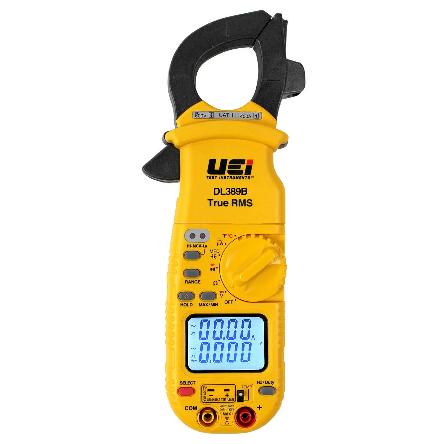 UEi DL389B Digital True RMS Clamp Meter, HVAC 4000 Counts Auto Ranging Voltmeter, Measures AC & DC Volts AC Amps AC/DC Microamps Temperature Frequency Resistance Capacitance Duty Cycle NCV Diode Test