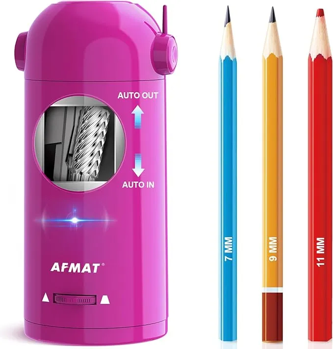 AFMAT Electric Pencil Sharpener for Colored Pencils, Fully Automatic Robot Pencil Sharpener, Auto in & Out, Rechargeable Hands-Free Pencil Sharpener for 7-11.5mm Jumbo Pencils, Home, Classroom