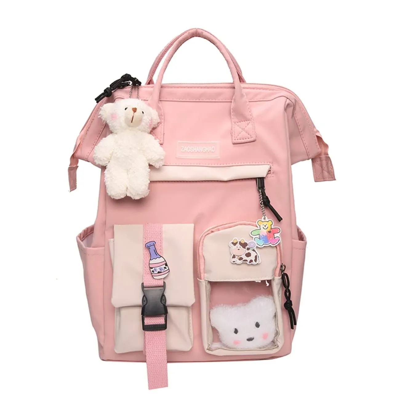 Kawaii Backpack with Cute Accessories Kawaii Pin Large Capacity Girl School Bag Rucksack Multi-Pocket Hanging Bear