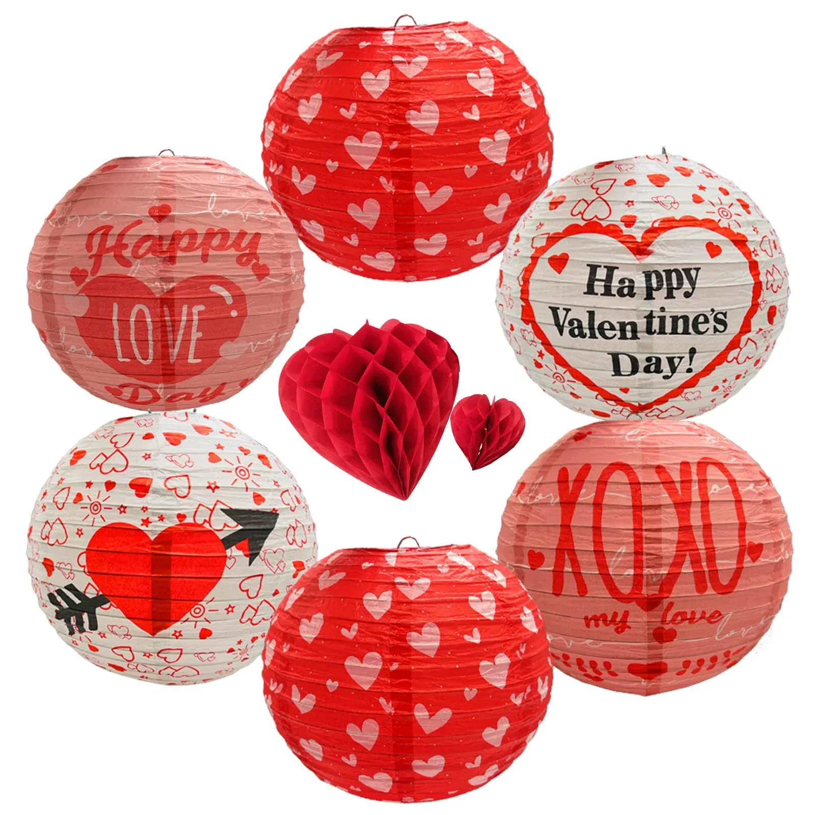 6 Pieces Valentines Day Paper Lanterns with 3 Styles Love Heart Shaped 