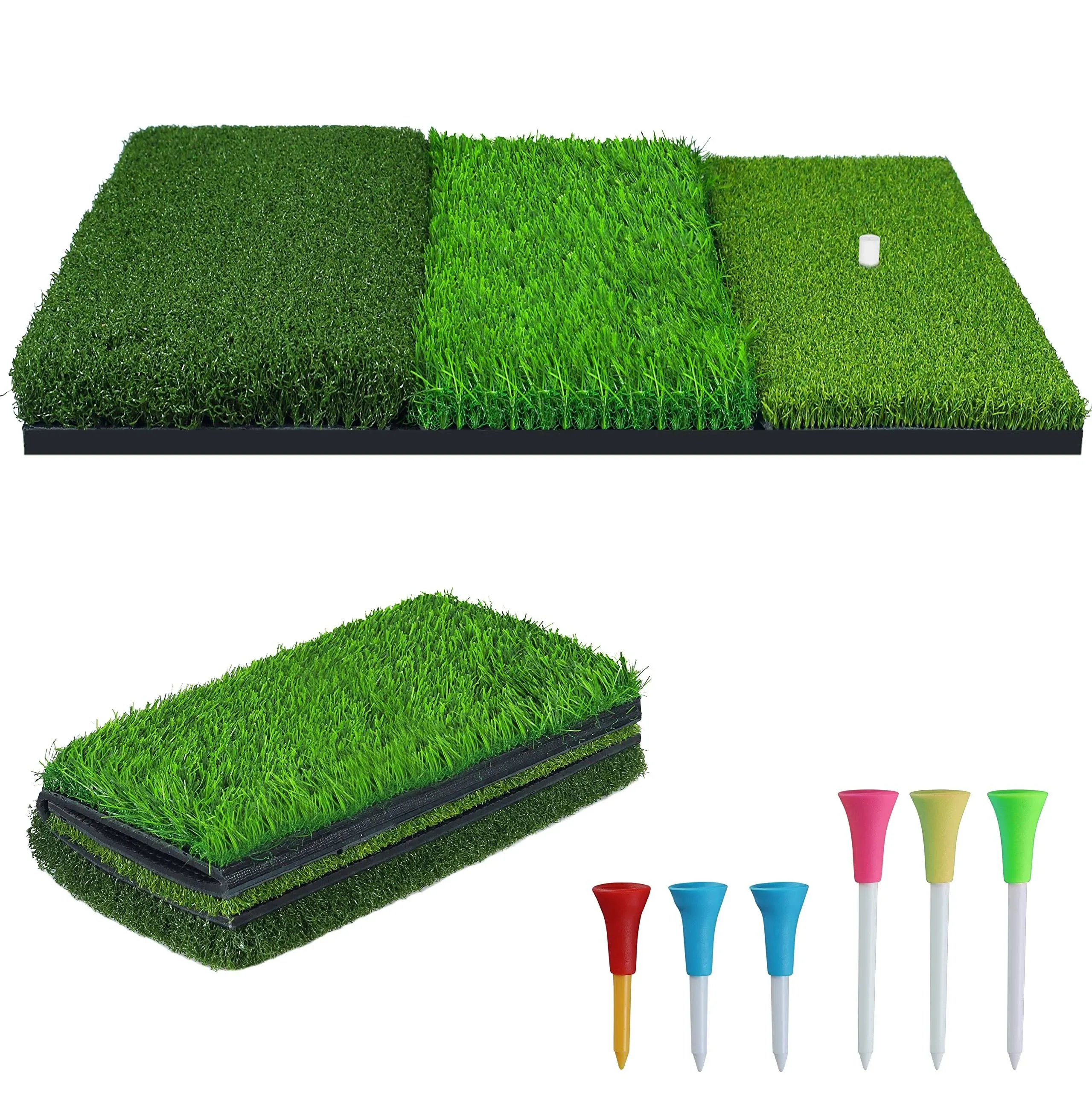 Golf Hitting Mat, 3-In-1 Foldable Grass Mat, Tri-Turf Practice Training Aid Batt