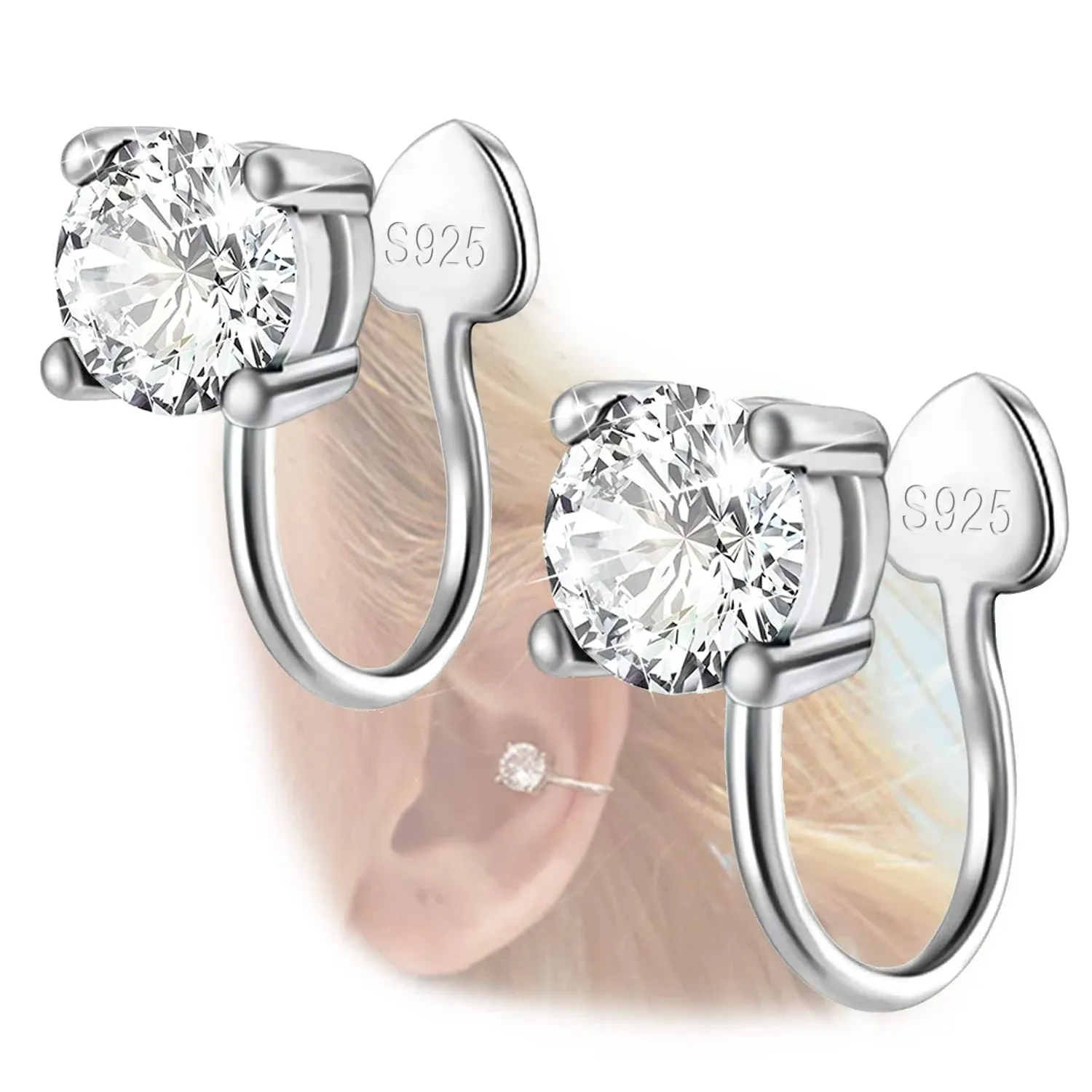 ELEDUCTMON Cubic Zirconia Ear Cuffs - Sterling Silver Hypoallergenic Non-Piercing Cartilage Earrings CZ Clip On Earrings Round Crystal Stud Earrings