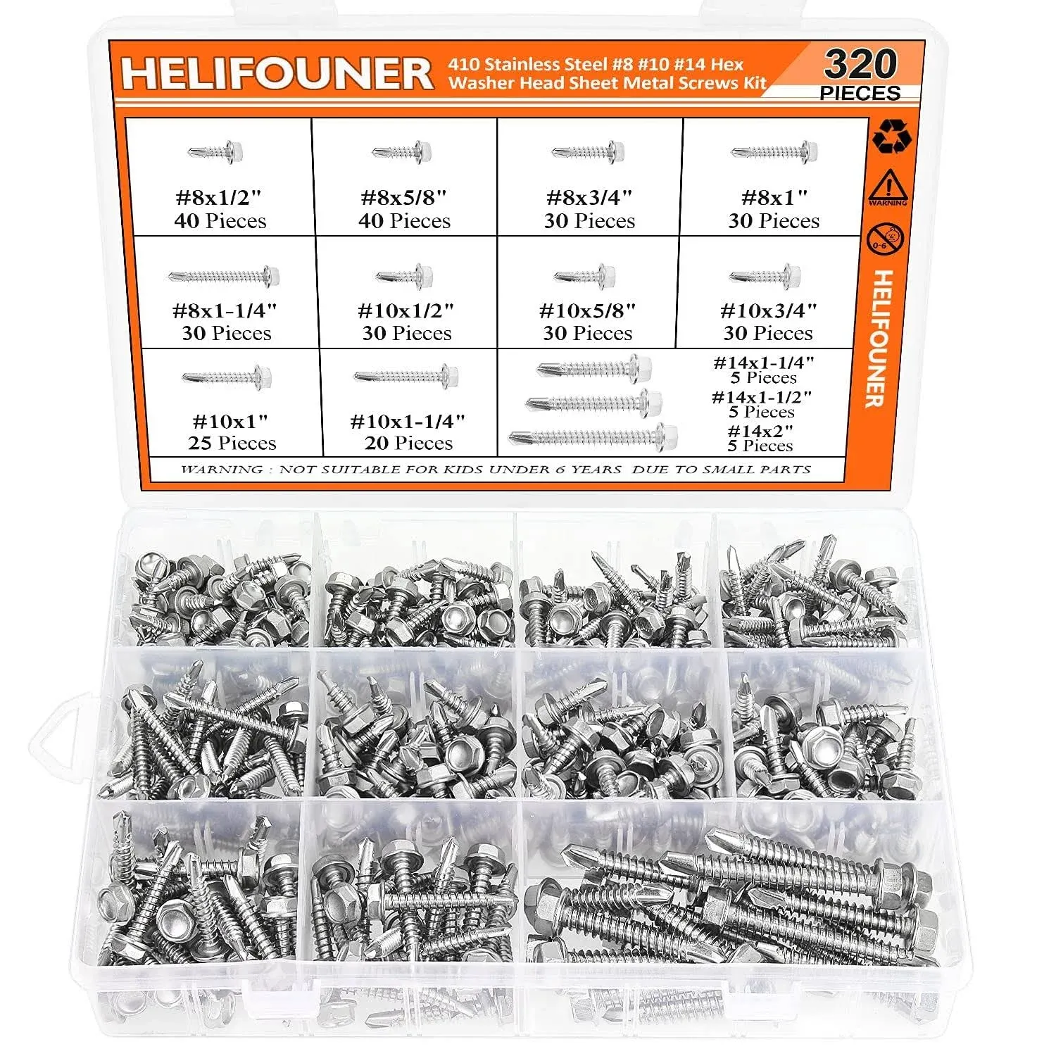 320 Pieces #8#10#14 Hex Washer Head Self Drilling Sheet Metal Screws Assortment Kit, 410 Stainless Steel