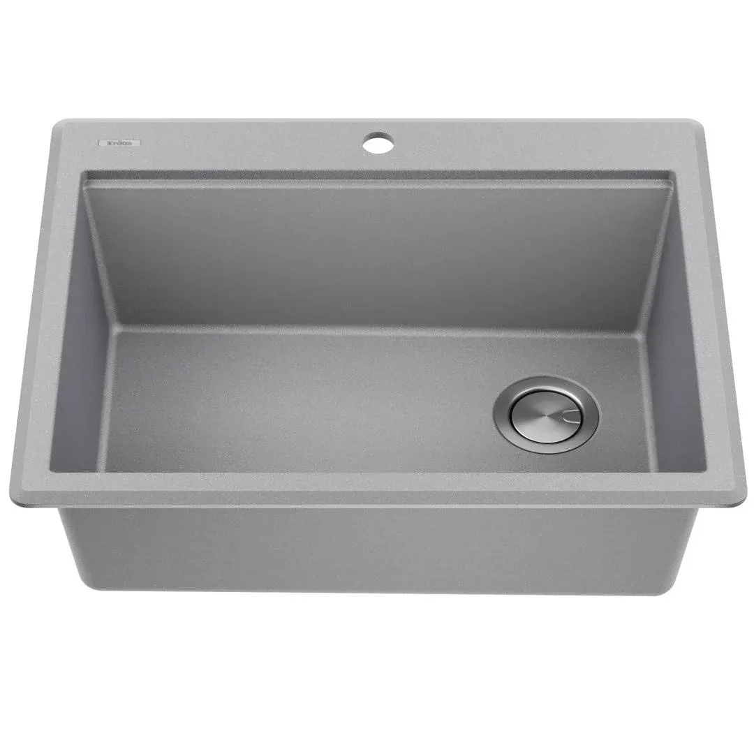 Kraus KGTW12-28MGR Bellucci 28 inch Granite Composite Workstation Drop-In Top Mount Single Bowl Kitchen Sink with Accessories, Metallic Grey