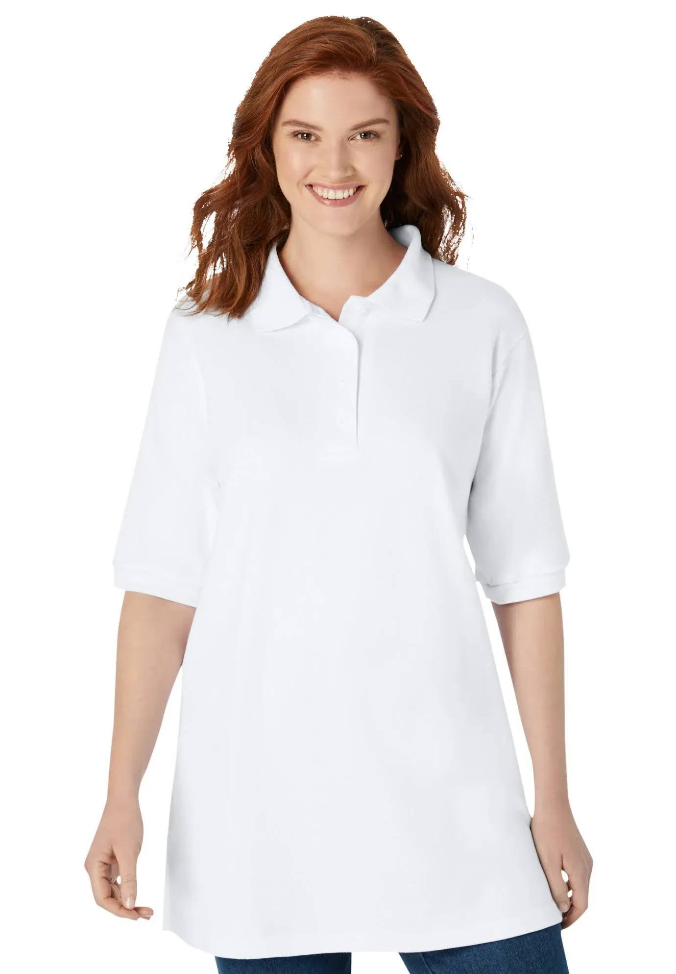 Plus Size Women's Elbow-Sleeve Polo Tunic by Woman Within in White (Size 1X) Polo ...