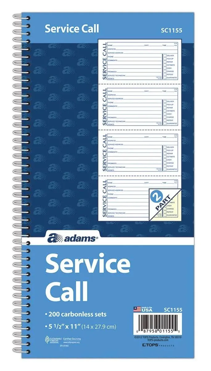 ABFSC1155 Service Call Book, spiral, 2-Part, Carbonless, 4/PG, 200 ST/BK