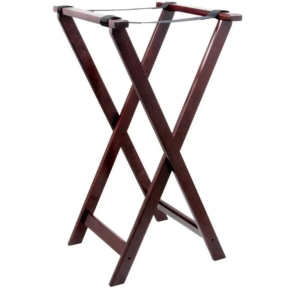 Tray Stand, 17in.W x 31in. high, nylon straps, folding, mahogany