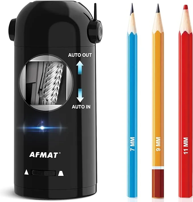 AFMAT Electric Pencil Sharpener for Colored Pencils 7-11.5mm, Robot Pencil Sharpener, Fully Automatic Rechargeable Hands-Free Pencil Sharpener for Large Pencils, Home, Classroom, Battery Operated