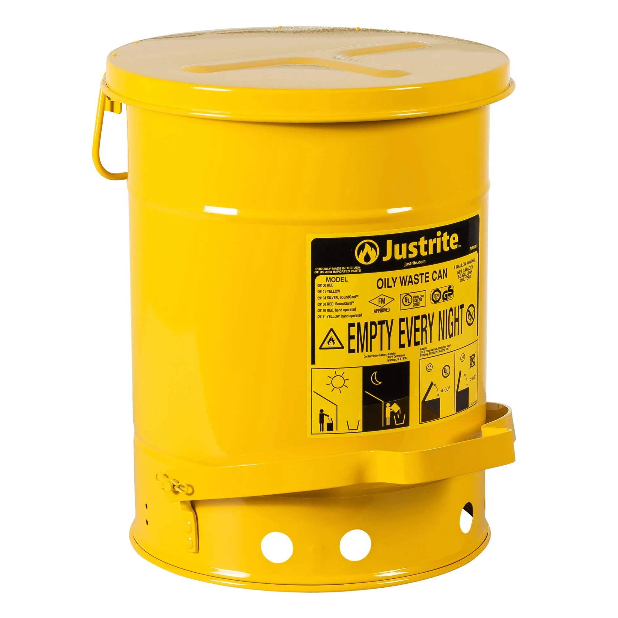 Justrite 09101 Waste Can, Oil, 6 Gallon, Foot-Operated, Self-Closing, Steel, YEL