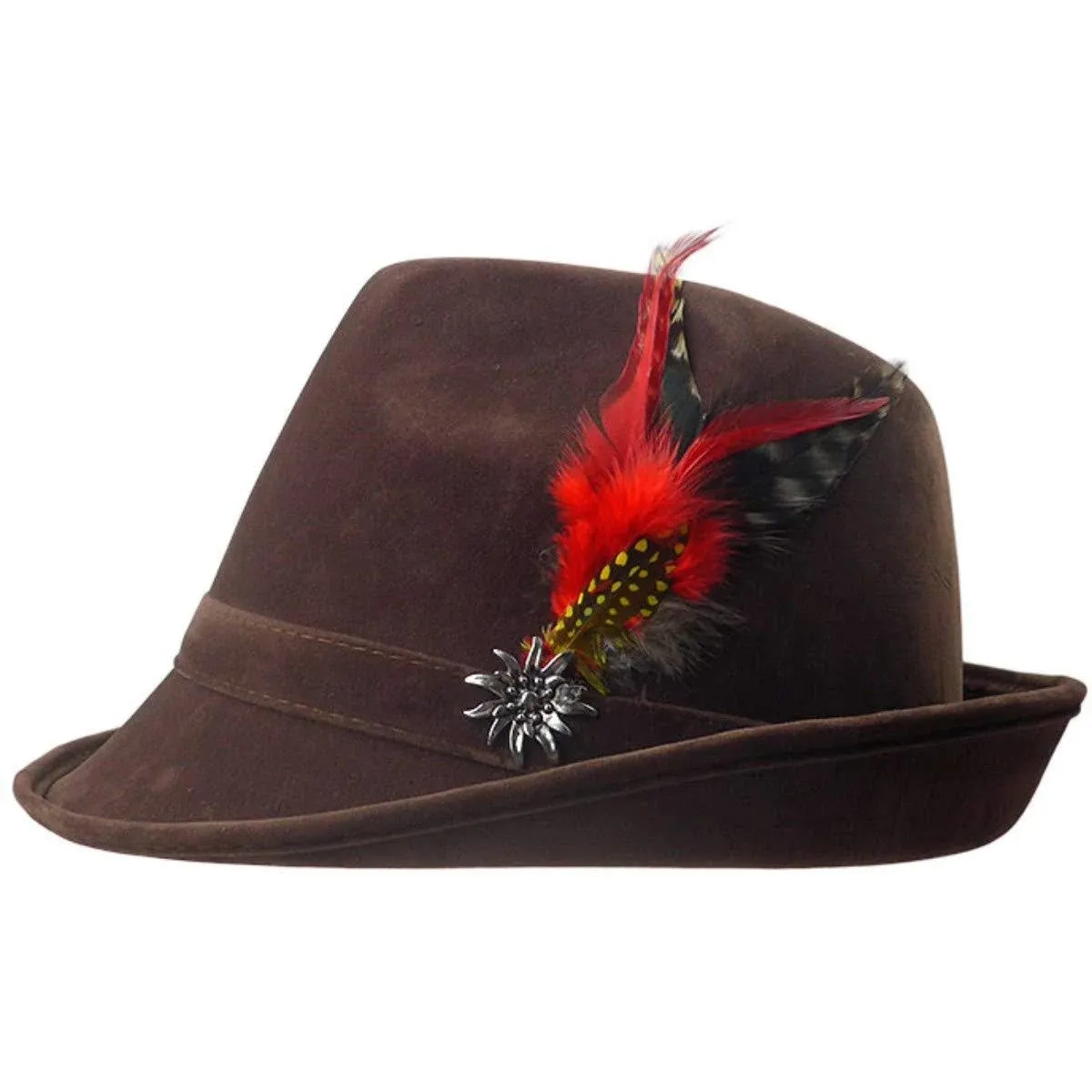 Brown German Hunter Hat Fedora and Edelweiss & Feather XL